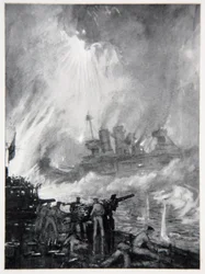 Walcz z ostatnią bronią: waleczny koniec H.M.S. Tiperrary w Jutlandii, ilustracja z „Frontu marynarki wojennej” Gordona S. Maxwella, 1920