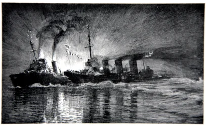 HMS Broke taranujący niemiecki niszczyciel, ilustracja z „Frontu morskiego” Gordona S. Maxwella, 1920