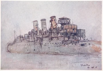 H.M.S. Windictive, 25 kwietnia 1918, ilustracja z „Frontu morskiego” Gordona S. Maxwella, 1920