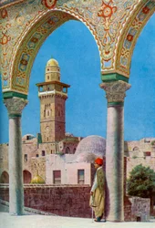 Islamski minaret na Wzgórzu Świątynnym, Jerozolima, Palestyna, ok. 1930