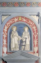 Św. Wawrzyńca i Św. Szczepana, płaskorzeźba nad drzwiami północnymi, ok. 1440 (terakota)