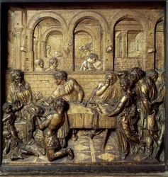 Bankiet Heroda Antypasa II (21 pne-39 ne). Fragment dolnego reliefu chrzcielnicy wykonane przez Donato di Niccolo di Betto Bardi dit Donatello (1386-1466)