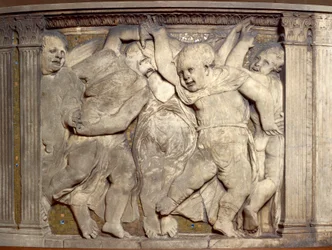 Kafel z tańczącymi puttami, autorstwa Donatello (ok. 1386-1466), marmurowa płaskorzeźba, ambona katedry w Prato, Toskania