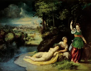 Diana i Kallisto, ok. 1528 r., autor: Dosso Dossi (ok. 1486-1542), olej na płótnie, 49x61 cm