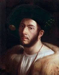 Portret mężczyzny, prawdopodobnie Cesare Borgia (1475-1507), detal, pocz. XVI w. (olej na płótnie)