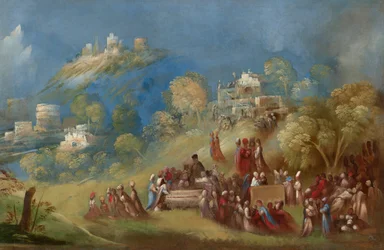 Trojanie budujący świątynię Wenus i składający ofiary przy grobie Anchizesa na Sycylii, ok. 1520 (olej na płótnie)