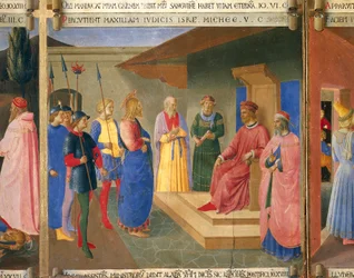 Chrystus przed Kajfaszem, fragment z Epizody z Męki i Zmartwychwstania Chrystusa, odwrócona powierzchnia Maesty ołtarza Duccio w katedrze w Sienie, dzieło Duccio di Buoninsegna (ok. 1255 - pre-1319), tempera na desce