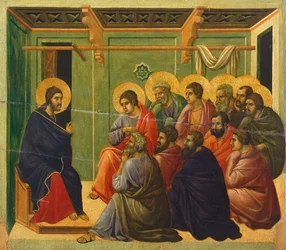 Chrystus oddzielony od apostołów, fragment kafelka z Epizody z Męki i Zmartwychwstania Chrystusa, odwrócona powierzchnia Maesty Ołtarza Duccio w katedrze w Sienie
