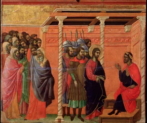Jezus przed Poncjuszem Piłatem. Ołtarz Maesta (tempera i złoto na drewnie)