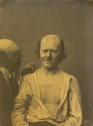 Zrelaksowana twarz po lewej, Fałszywa radość lub śmiech po prawej, 1854-1856, wydrukowane 1862.
