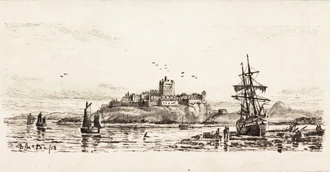 Holenderski szkuner Stranded at Bamburgh (atrament na karcie)
