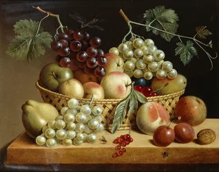 Kosz winogron, jabłek, brzoskwiń i innych owoców na półce, 1833