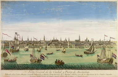 Widok ogólny portu i miasta Amsterdam, rycina D.G. Hucquier, XVI wiek