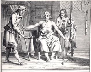 Transfuzja krwi od psa, z Armamentarii Chirurgici Johannesa Schultesa (1595-1645), wydanego w Amsterdamie w 1671