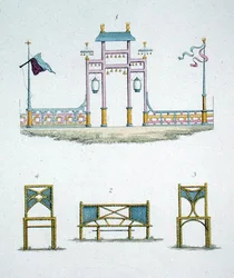 Chińska brama i krzesła ogrodowe, z „Magazine of Garden Gems” G. van Laara, opublikowane 1802 (kolor lito)
