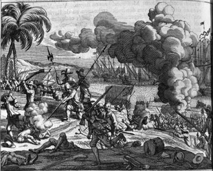 Kolonizacja: floty holenderskie ścigające Portugalczyków z Cejlonu (dzisiejsza Sri Lanka lub Srilanka) w 1658 r. Druk holenderski z „Afgoderye de oost-indische heydenen” (Opis krajów wschodnich Indii) Philippusa Baldaeusa (lub Balde) (1632) -1671),