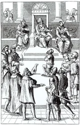 Spowiedź za zadośćuczynienie przed trybunałem, po drzeworycie w Praxis Rerum Criminalium Joosa de Damhoudera (1507–81) opublikowanym w Antwerpii, 1556