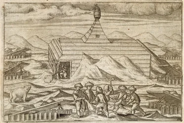Zabijanie i skórowanie niedźwiedzi przez załogę, na zewnątrz kabiny, w której ekspedycja zimowała, ilustracja z „Diarium Nauticum, seu vera descriptio trium navigationum admirandarum…” autorstwa Gerrita de Veera