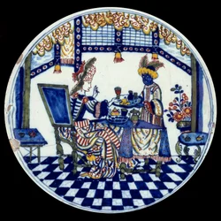 Delfcki talerz porcelanowy przedstawiający kobietę przy stole obsługiwaną przez jej czarnego służącego. 1705, Sèvres, Narodowe Muzeum Ceramiki