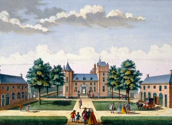 Fasada zamku Assumburg, z Het Zeganpralent Kennemerlant autorstwa Hendricka de Letha i Matthiasa Broueriusa Van Nidka, wydana ok. 1700-1730