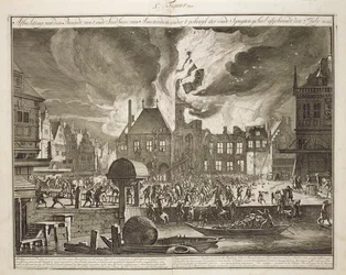 Pożar starego ratusza w Amsterdamie, 17 lipca 1652, z książki o gaszeniu pożarów w Holandii, wydanej ok. 1700