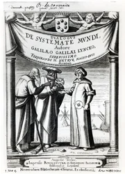 Frontyspis Dialogus De Systemate Mundi Galileusza (1564-1642), opublikowany w Leyden 1635