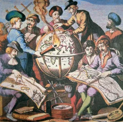 Frontyspis holenderskiego Atlasu map przedstawiający grupę kartografów i instrumentów, ok. 1710 (kolor lito)