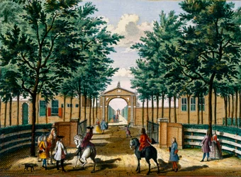 Ogrody pałacu rozkoszy Francois van Haringkaspel, z Het Zeganpralent Kennemerlant autorstwa Hendricka de Letha i Matthiasa Broueriusa Van Nidka, opublikowane ok. 1700-1730