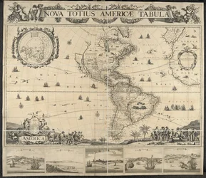 Mapa Ameryki, Nova totius Americae Table, [z widokiem] Panamy, Caput S. Augustini, New Amsterdam, S. Saviour, Name D. God. Rys. J. Mathysz