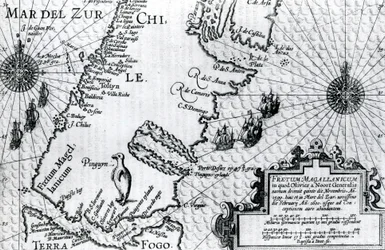 Mapa cieśniny Magellana, tablica z opisu podróży Olivera van Noortsa, 1602