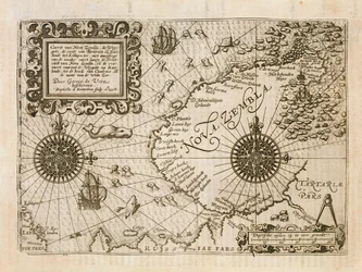 Mapa nowo odkrytej Nova Zembla, ilustracja z Diarium Nauticum, czyli prawdziwy opis trzech godnych podziwu rejsów...