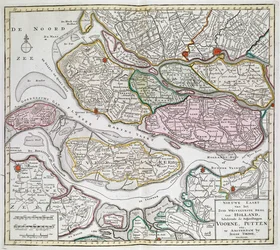Nowa mapa południowo-zachodniej części Holandii, w tym komorników Voorne, Putten itp. [Trzydzieści sześć map Holandii] Izaak Tirion Między 1739 a 1757.