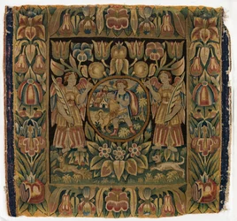 Gobelin, Samson i lew w okrągle zawieszony na dwóch aniołach, wykonany w Amsterdamie w Holandii lub Hamburgu w Niemczech, początek XVII w. (wełna)