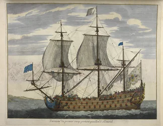 Statek I stopnia noszący Admirała Pauillona, ​​z „De Fransche Neptunus and Atlas Maritime and Suite du Neptune François”, autorstwa Charlesa Pene i Pietera Mortiera (kolorowa rycina)
