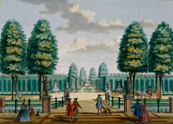 Widok z domu w kierunku bramy frontowej Meerestein z Het Zeganpralent Kennemerlant autorstwa Hendricka de Letha i Matthiasa Broueriusa Van Nidka, opublikowany ok. 1700-1730