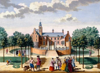 Widok Domu Adrichem, z Het Zeganpralent Kennemerlant autorstwa Hendricka de Letha i Matthiasa Broueriusa Van Nidka, opublikowany ok. 1700-1730