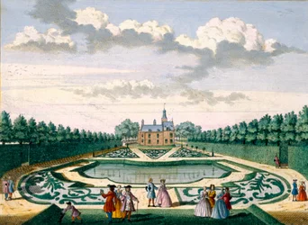 Widok na Dom Adrichem z ogrodem i dużym stawem, z Het Zeganpralent Kennemerlant autorstwa Hendricka de Letha i Matthiasa Broueriusa Van Nidka, opublikowany ok. 1700-1730
