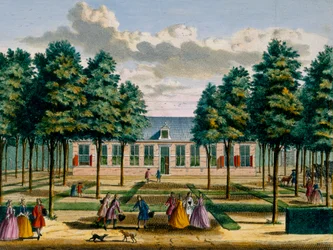 Widok domu Jagerlust, z Het Zeganpralent Kennemerlant autorstwa Hendricka de Letha i Matthiasa Broueriusa Van Nidka, opublikowany ok. 1700-1730
