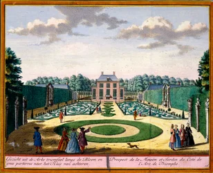Widok domu i ogrodu w pobliżu łuku triumfalnego, z Het Zeganpralent Kennemerlant autorstwa Hendricka de Letha i Matthiasa Broueriusa Van Nidka, opublikowany ok. 1700-30