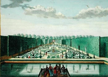 Widok amfiteatru za domem w Assumburgu, z „Het Zeganplant Kennemerlant”, Hendrick de Letha i Matthiasa Broueriusa Van Nidka, opublikowany ok. 1700-1730 (kolorowa rycina)