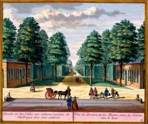 Widok z tyłu domu między stajniami, z Het Zeganpralent Kennemerlant autorstwa Hendricka de Letha i Matthiasa Broueriusa Van Nidka, wydany ok. 1700-30