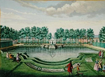 Widok na park jeleni na wielkim jeziorze i pawilon, z „Her Zeganplant Kennemerland”, Hendrika de Letha i Matthiasa Broueriusa Van Nidka, wydanego ok. 1700-1730 (kolorowa rycina)