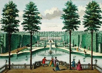 Widok na ogród z domu, Watervliet, z Her Zeganplant Kennemerland, Hendrik de Leth i Matthias Brouerius Van Nidek, opublikowany ok. 1700-1730 (zob. także 172308, 1723