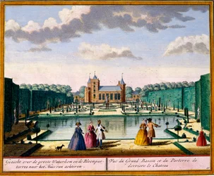 Widok na duży basen i parter na tyłach domu, z Get Zeganpralent Kennemerland autorstwa Hendrika de Letha i Matthiasa Broueriusa Van Nidka, opublikowany ok. 1700-30