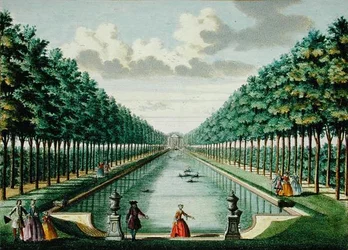 Widok pawilonu i kanału, z „Het Zeganplant Kennemerlant”, Hendrick de Letha i Matthiasa Broueriusa Van Nidka, opublikowany ok. 1700-1730 (kolorowa rycina)