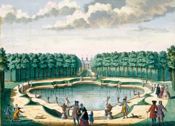 Widok na staw w kierunku tyłu domu, Beckenstein, z Het Zeganpralent Kennemerlant autorstwa Hendricka de Letha i Matthiasa Broueriusa Van Nidka, opublikowany ok. 1700-1730