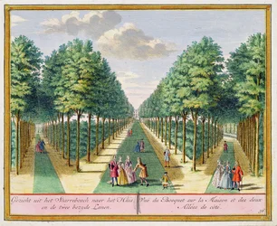 Widok z lasu na dom i dwie boczne aleje, Watervliet, z Het Zegen Pralent Kennemerland, Hendrik de Leth i Matthias Brouerius Van Nidek, opublikowany ok. 1700-1730