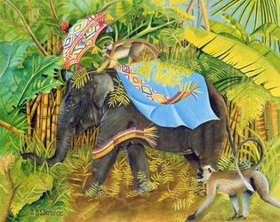 Słoń z małpami i parasolem, 2005 (akryl na płótnie)