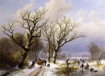Zalesiony zimowy krajobraz z postaciami, 1863
