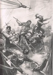 The English Repelling the Spaniards w San Juan de Ulua, ilustracja z „British Battles on Land and Sea”, wydanej przez Cassell, Londyn, ok. 1915